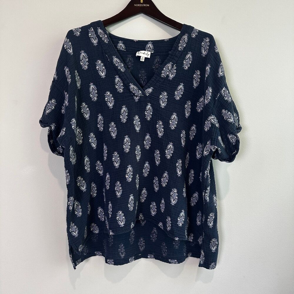 Wonderly Gauze Peasant Top 2X Navy Paisley 100% Cotton Boho Cottagecore Coastal